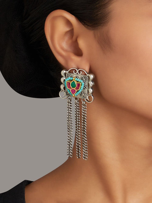 Silver and red stud earrings, Mairu by Naitri, dual tone finish for festive wear.