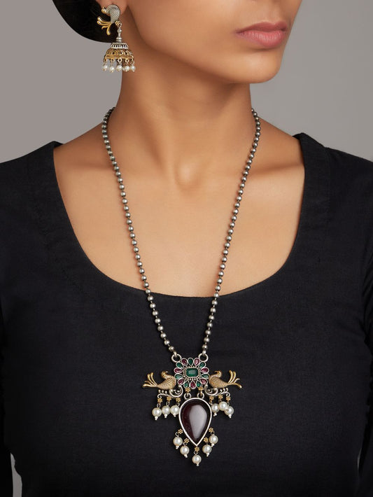 Silver, red and gold pendant necklace set, Preksha by Naitri, elegant traditional design.