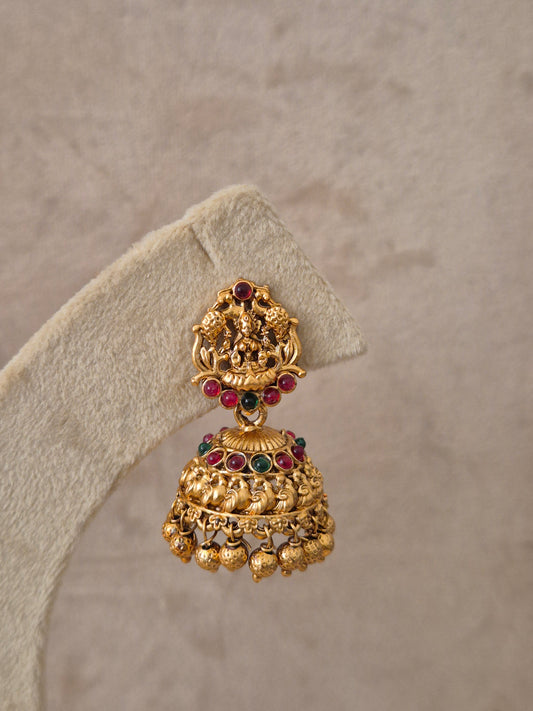 Handcrafted Earrings in brass alloy with intricate temple jewelry designs and red and green stone embellishments, earrings with Lakshmi engraving and colorful stone accents by naitri.in