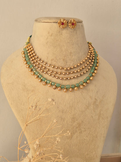 Traditional Indian Layered Necklace Set showcased against a neutral background, highlighting the delicate multi-tiered bead chains, polished gold accents, and ethnic craftsmanship by Naitri.in