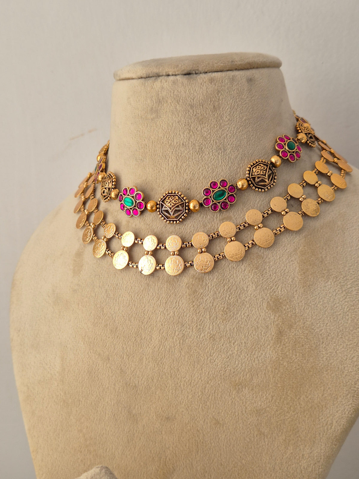 Handcrafted brass alloy ethnic layered necklace and jhumka earrings from the Naitri golden jewelry collection by Naitri.in