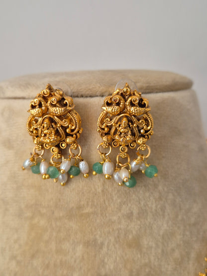 Gold earrings with green and white beads Artisanal Nandan earring in a modern Indian aesthetic, by naitri.in