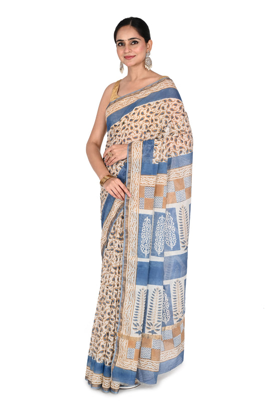 Maheshwari Saree in light blue and beige cotton silk featuring traditional Bagh hand block prints from Madhya Pradesh by naitri.in
