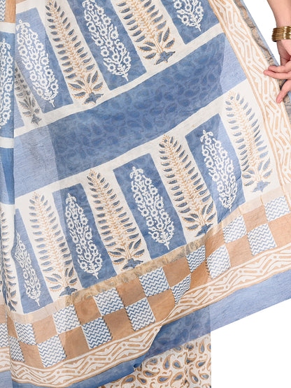 Close-up of the intricate hand block print texture and gold border on a blue and beige Maheshwari cotton silk fabric by naitri.in