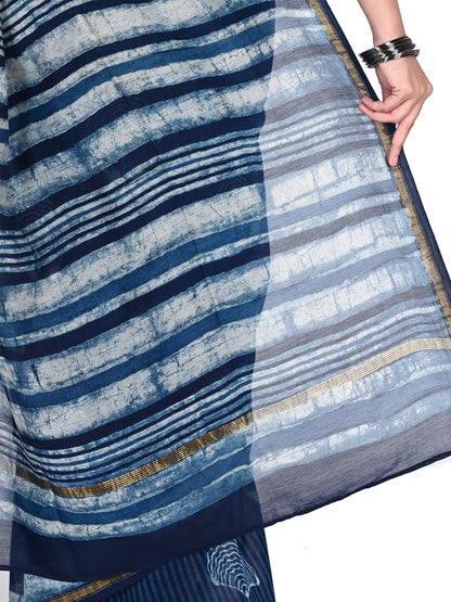 Close-up view of the Neera saree showing the contrast between the navy blue cotton-silk fabric, white block-printed stripes, and artisanal floral details by naitri.in