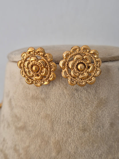 Traditional Indian gold beaded necklace set with matching floral stud earrings by Naitri.in