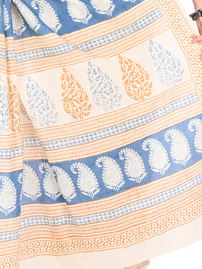 Model showcasing a classic drape of the Padmaja white cotton saree, highlighting the intricate blue floral patterns and earthy beige pallu by naitri.in