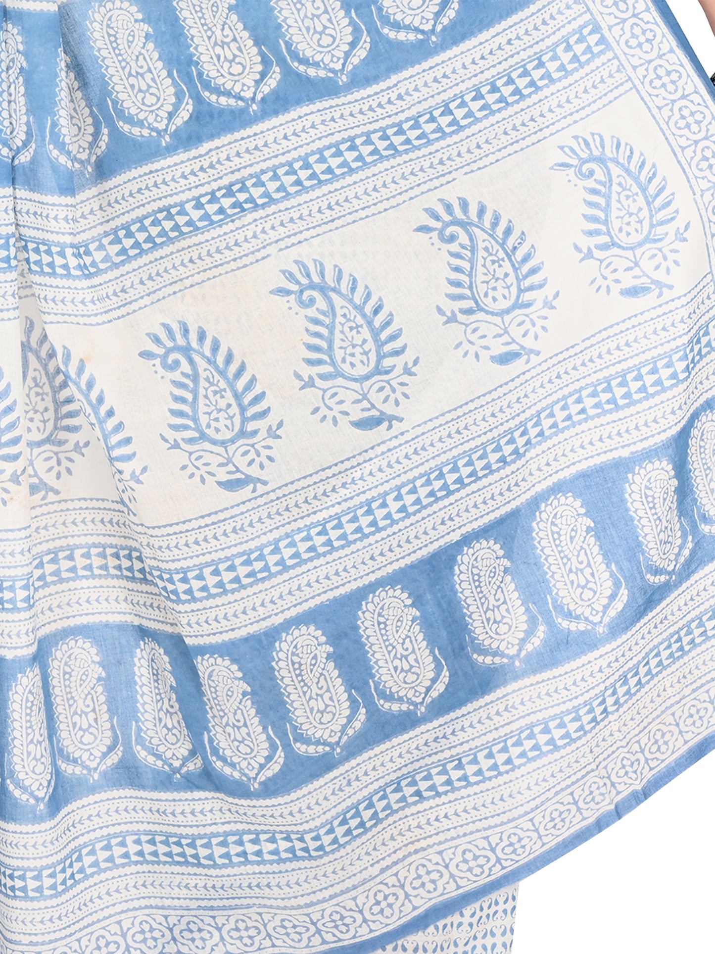 Detailed view of artisanal Bagh hand block printing from Madhya Pradesh on a soft white cotton saree with vibrant blue motifs by naitri.in