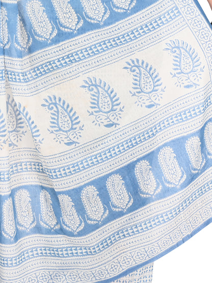 Detailed view of artisanal Bagh hand block printing from Madhya Pradesh on a soft white cotton saree with vibrant blue motifs by naitri.in