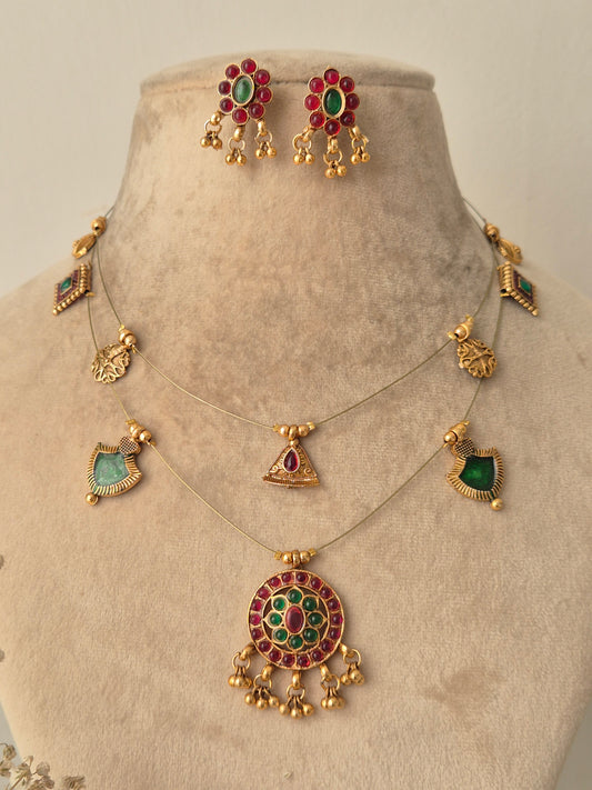 Golden Palki invisible chain necklace and earring set with traditional Indian aesthetic by naitri.in