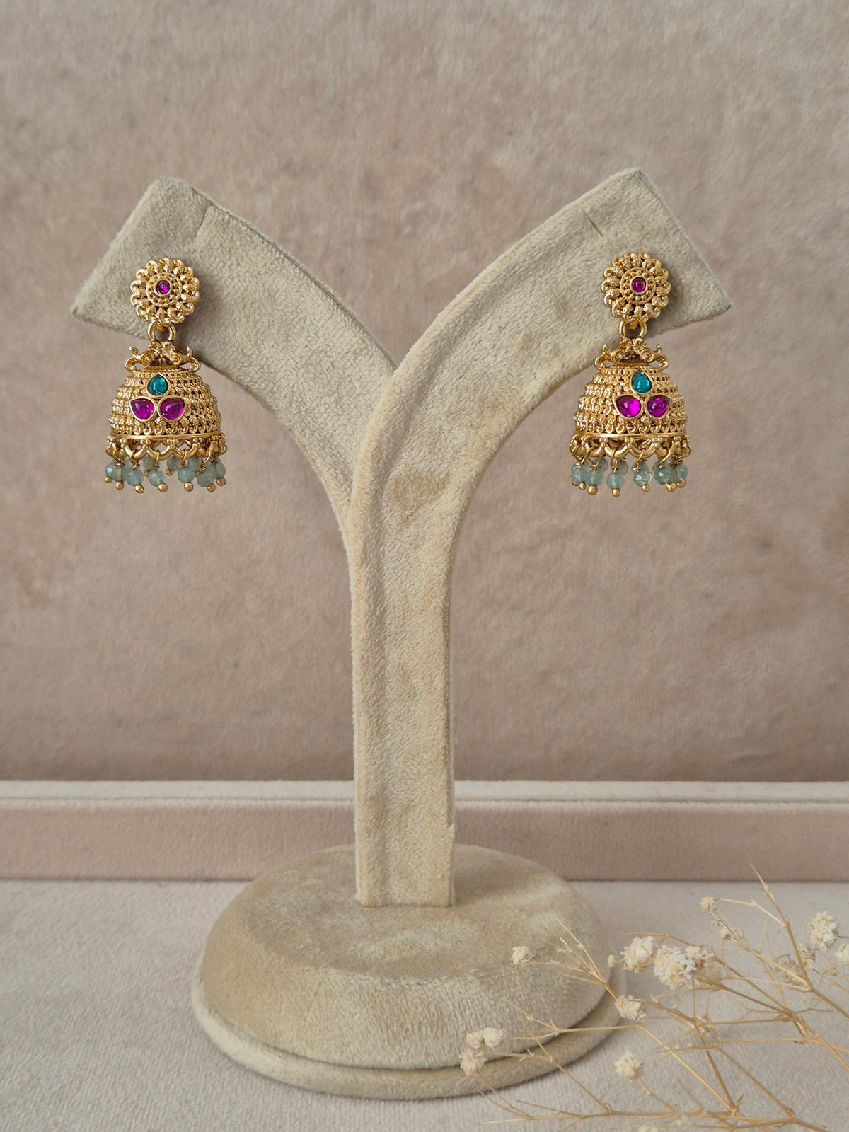 Pankhuri traditional golden ethnic jhumka earrings, handcrafted traditional earrings by Naitri.in