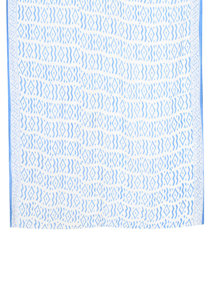 White and blue hand block printed saree in soft cotton with a matching blouse piece by naitri.in