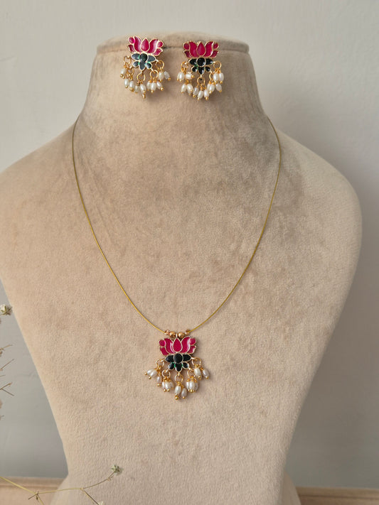 Necklace with pink lotus  and green leaf design invisible chain light weight elegant and minimal jewellery set by naitri