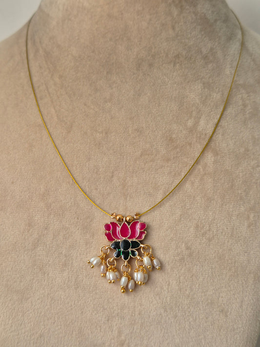 Gold plated necklace with pink lotus, golden beads and some small pearls, hanging from lotus pendant Timeless, High-quality by naitri.in