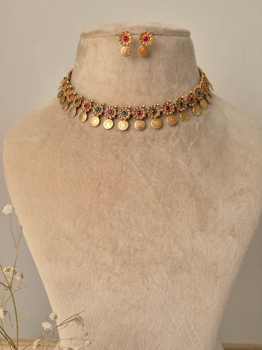 Gold necklace with colorful stones brass necklace  flora and coin designed and colourful stones by naitri.in