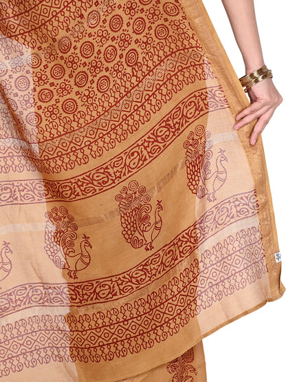 full-length view of a beige cotton-silk saree featuring intricate maroon geometric and floral block prints, showcasing the elegant drape and subtle silk sheen pallu  by naitri.in