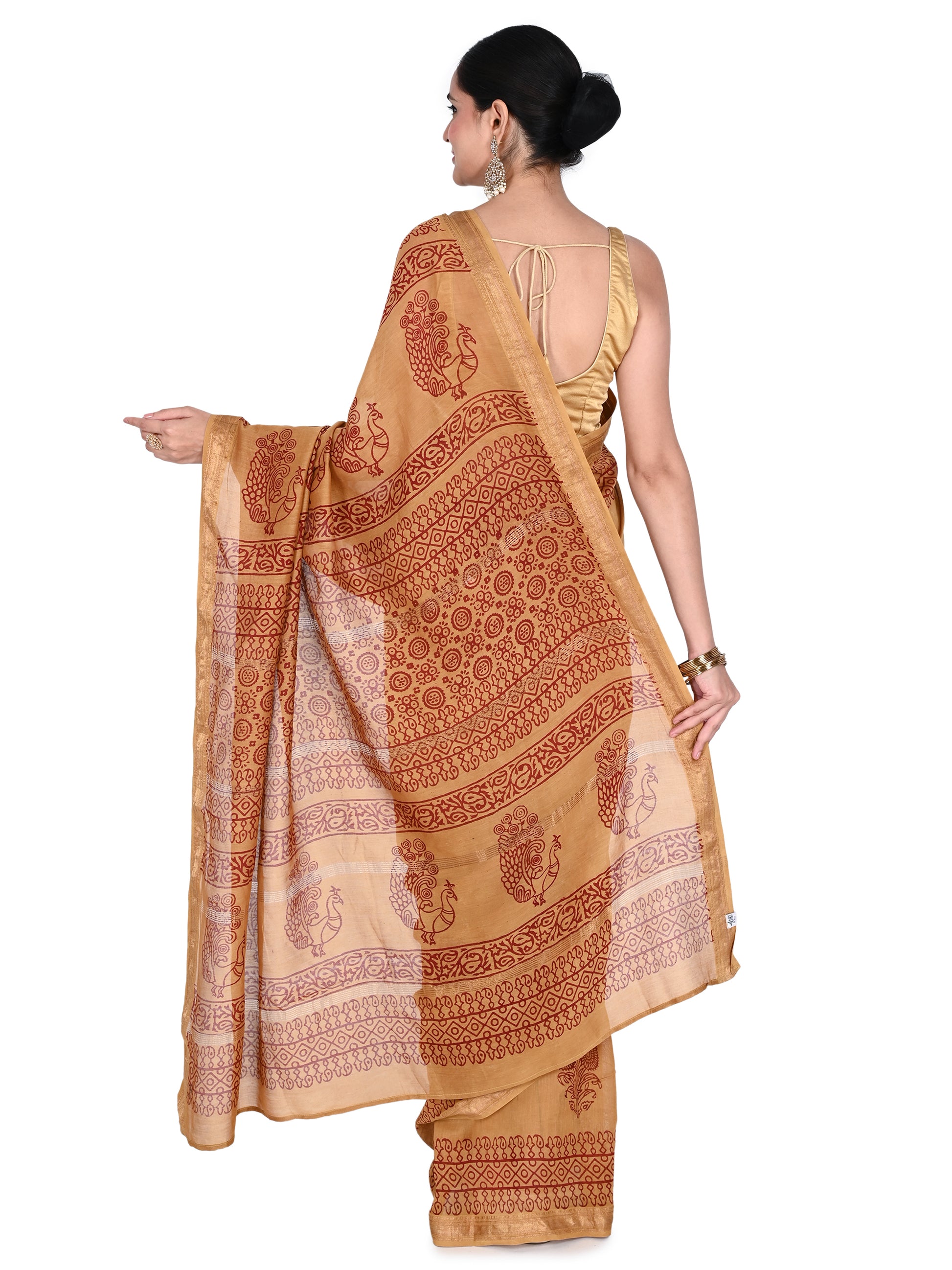Handcrafted beige saree with traditional natural dye block printing from Bagh, Madhya Pradesh, on a premium cotton-silk blend fabric by naitri.in