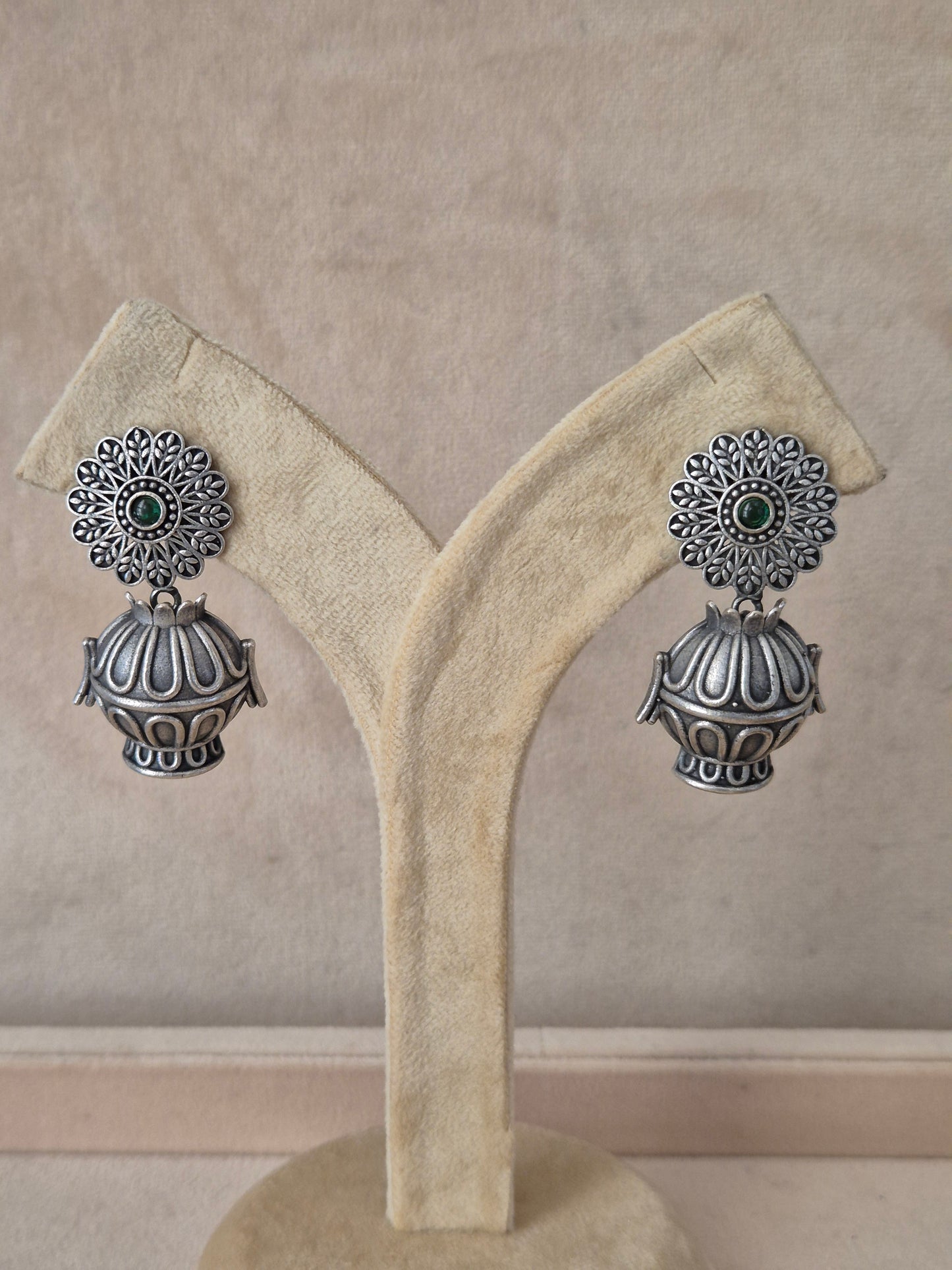 Naitri premium Rangoli silver oxidized dangle jhumka earrings from the Silver Jewellery collection, Handcrafted silver-toned traditional Indian jhumka earrings by naitri.in