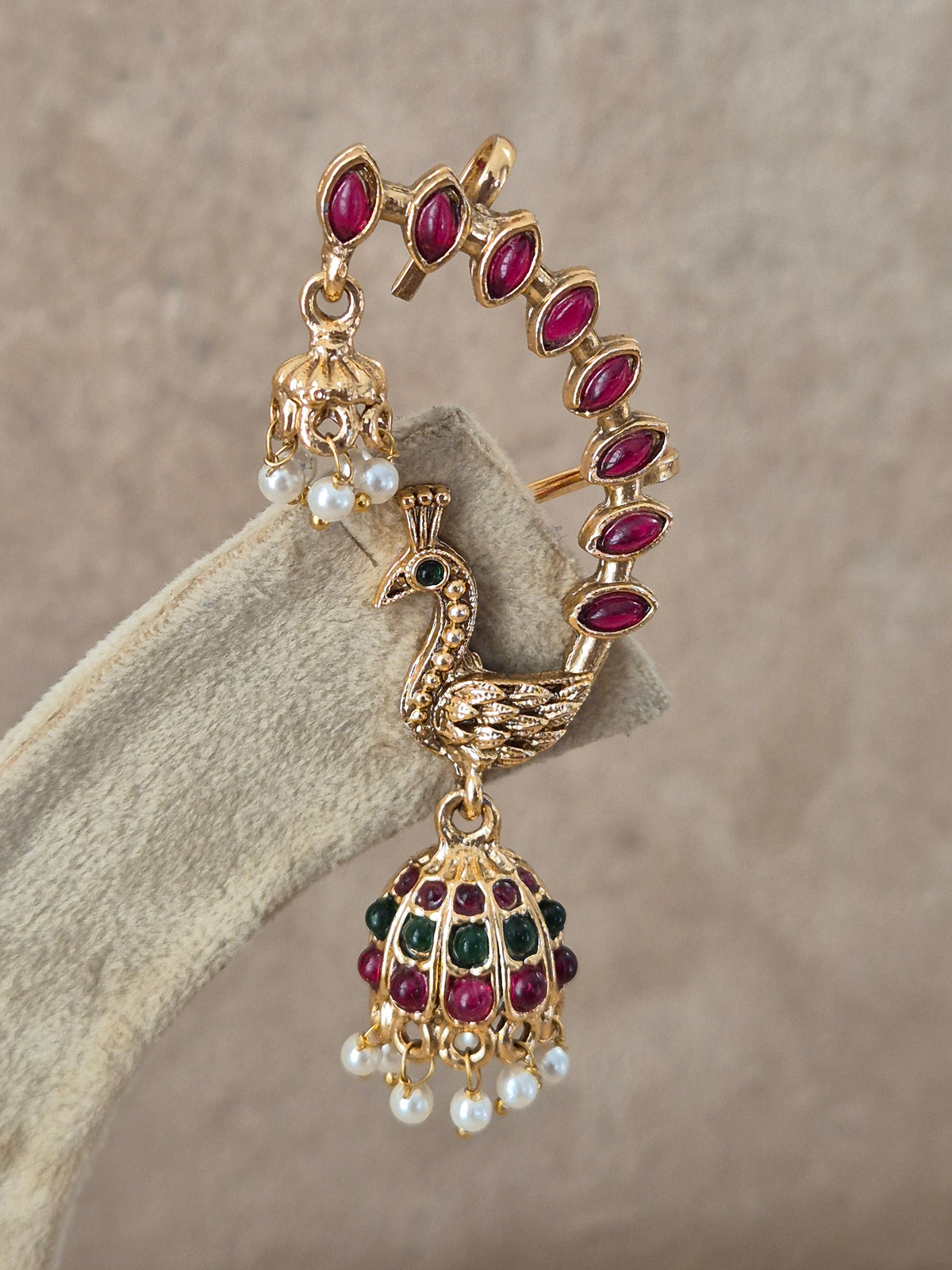 Rashana Earrings – traditional gold-plated ethnic peacock jhumka earrings with stone and pearl detailing by Naitri.in