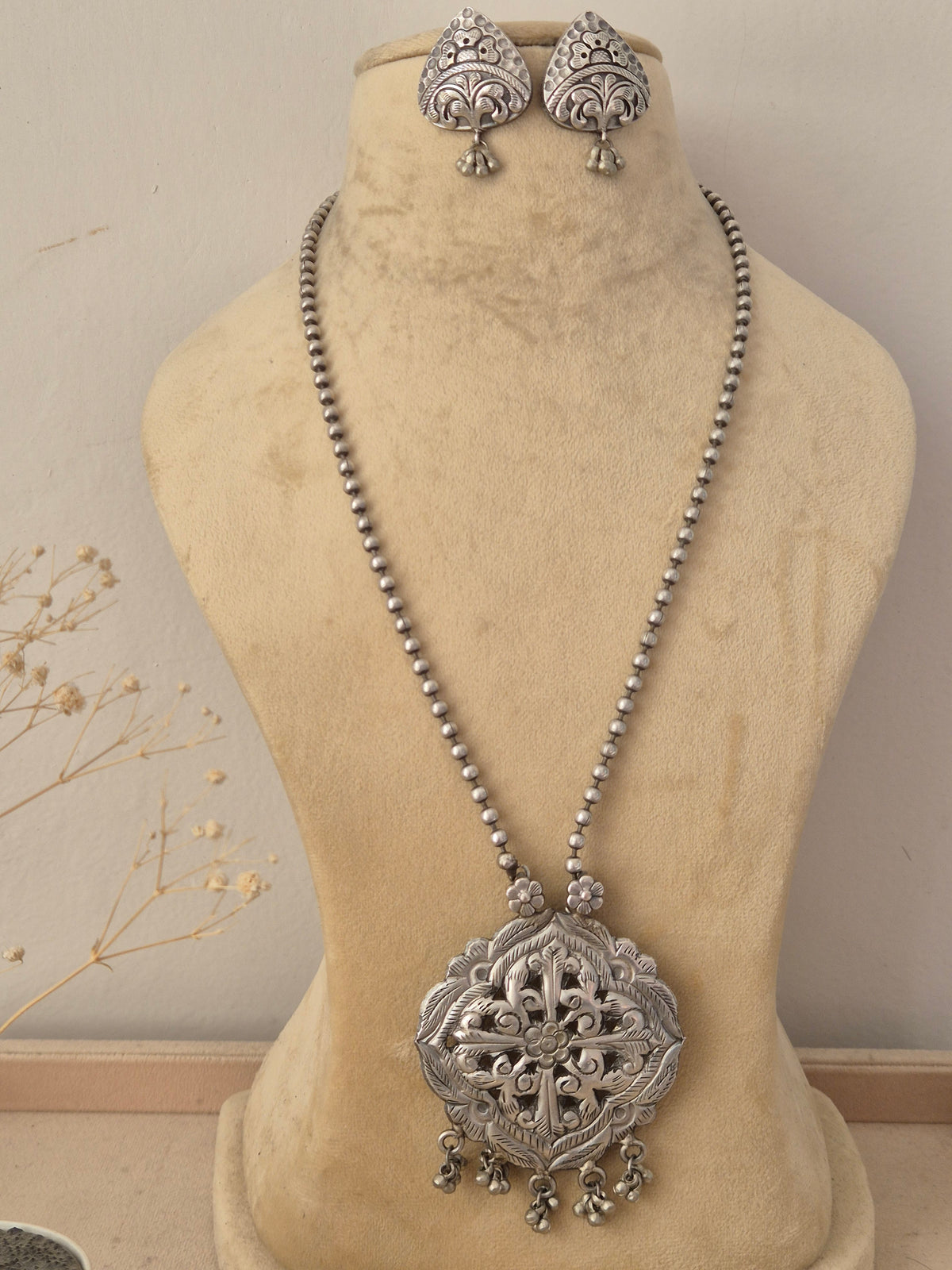 Reshna Oxidised Silver Long Necklace Set with Pendant | Naitri Ethnic Jewellery. by naitri.in