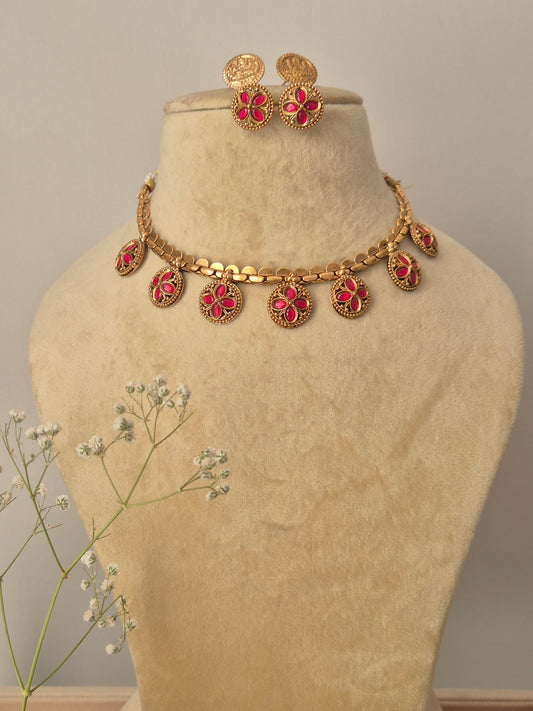  Necklace Set with pink floral stone clusters on a gold-plated brass chain, featuring matching stud earrings by naitri.in