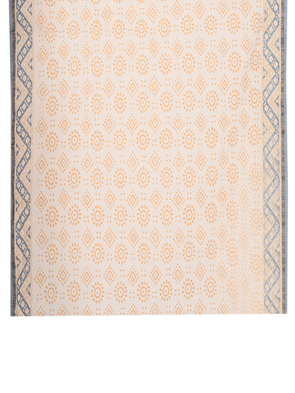 Beige and blue hand block printed saree in cotton silk with a gold border and matching blouse by naitri.in