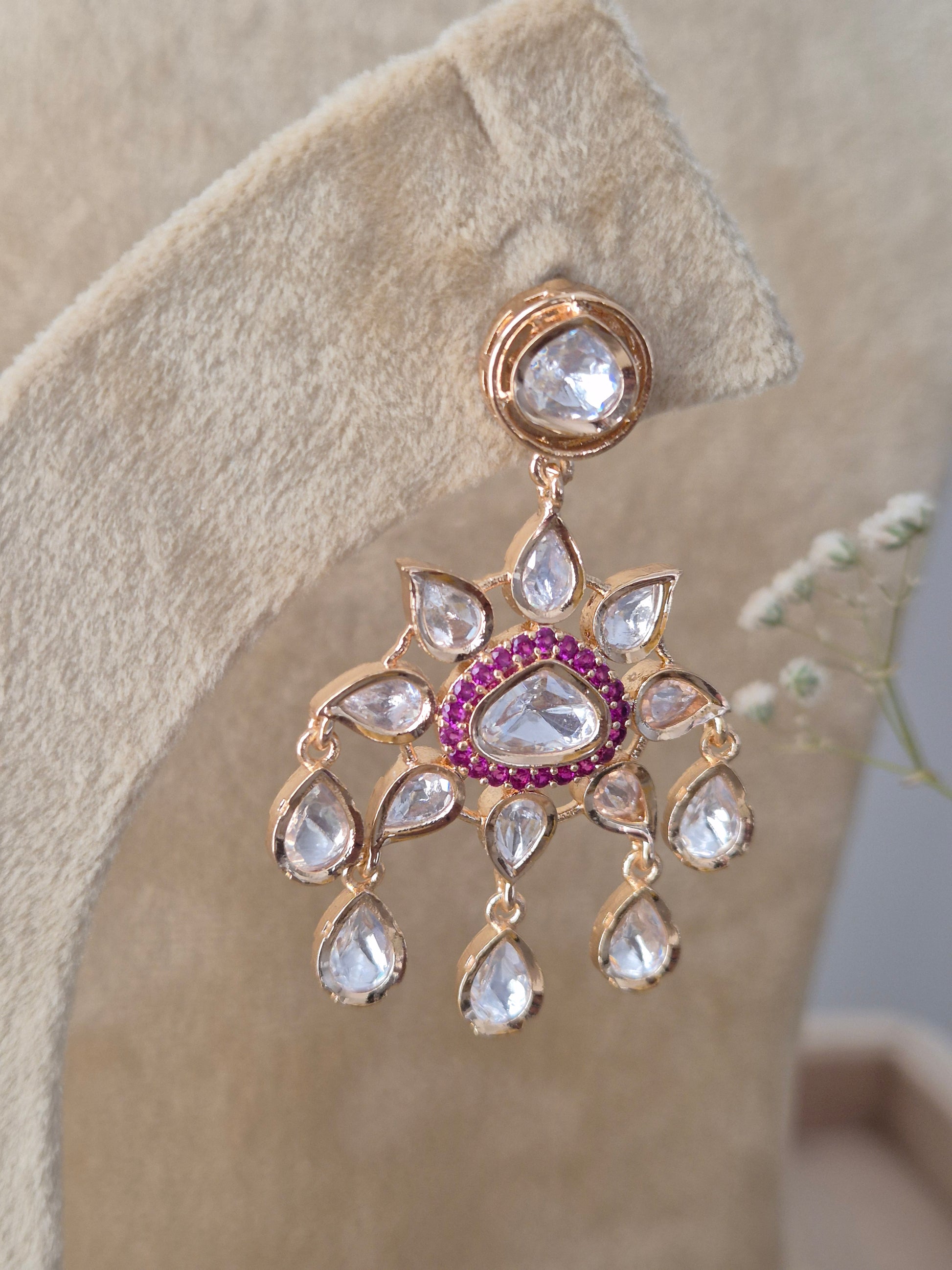"Pair of matching Rosalie American Diamond drop earrings with ruby-red centers and teardrop accents by naitri.in 