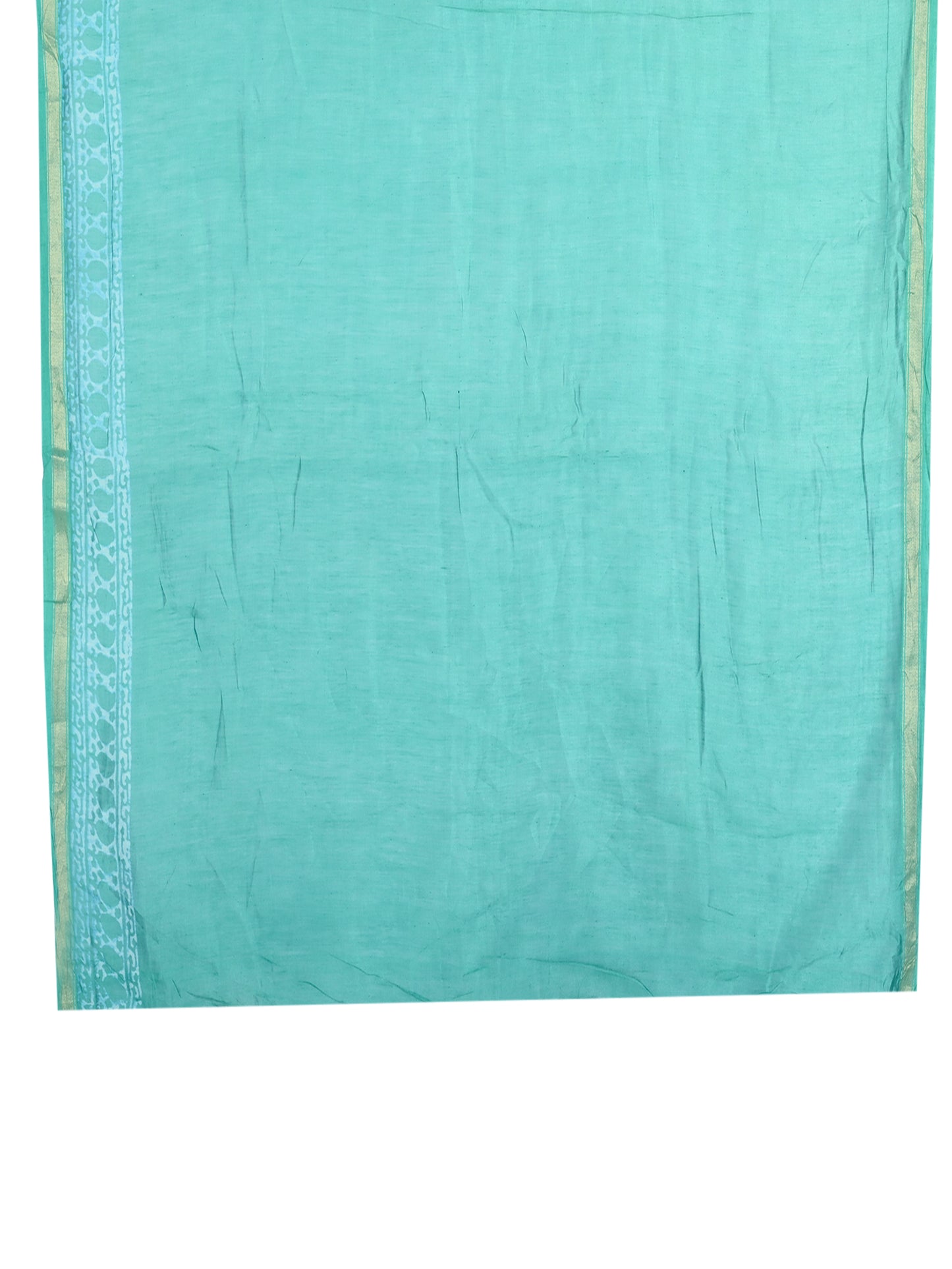 Teal green and white Sadana hand block printed cotton-silk saree with gold border detail geometric patterns and gold border, includes matching blouse piece by naitri.in