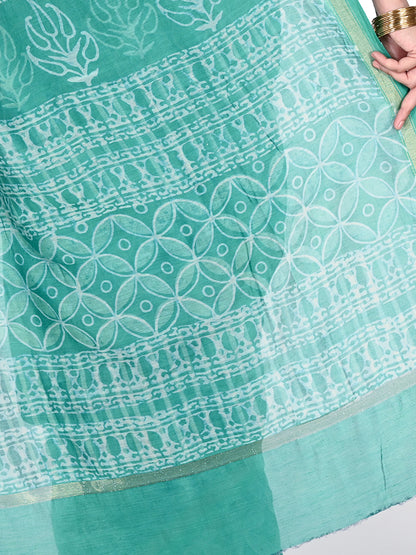 Close-up of the Sadana saree in a seafoam teal cotton-silk blend, showcasing the intricate white artisanal block prints and the subtle shimmer of the fabric contemporary silk-blend finish pallu by naitri.in