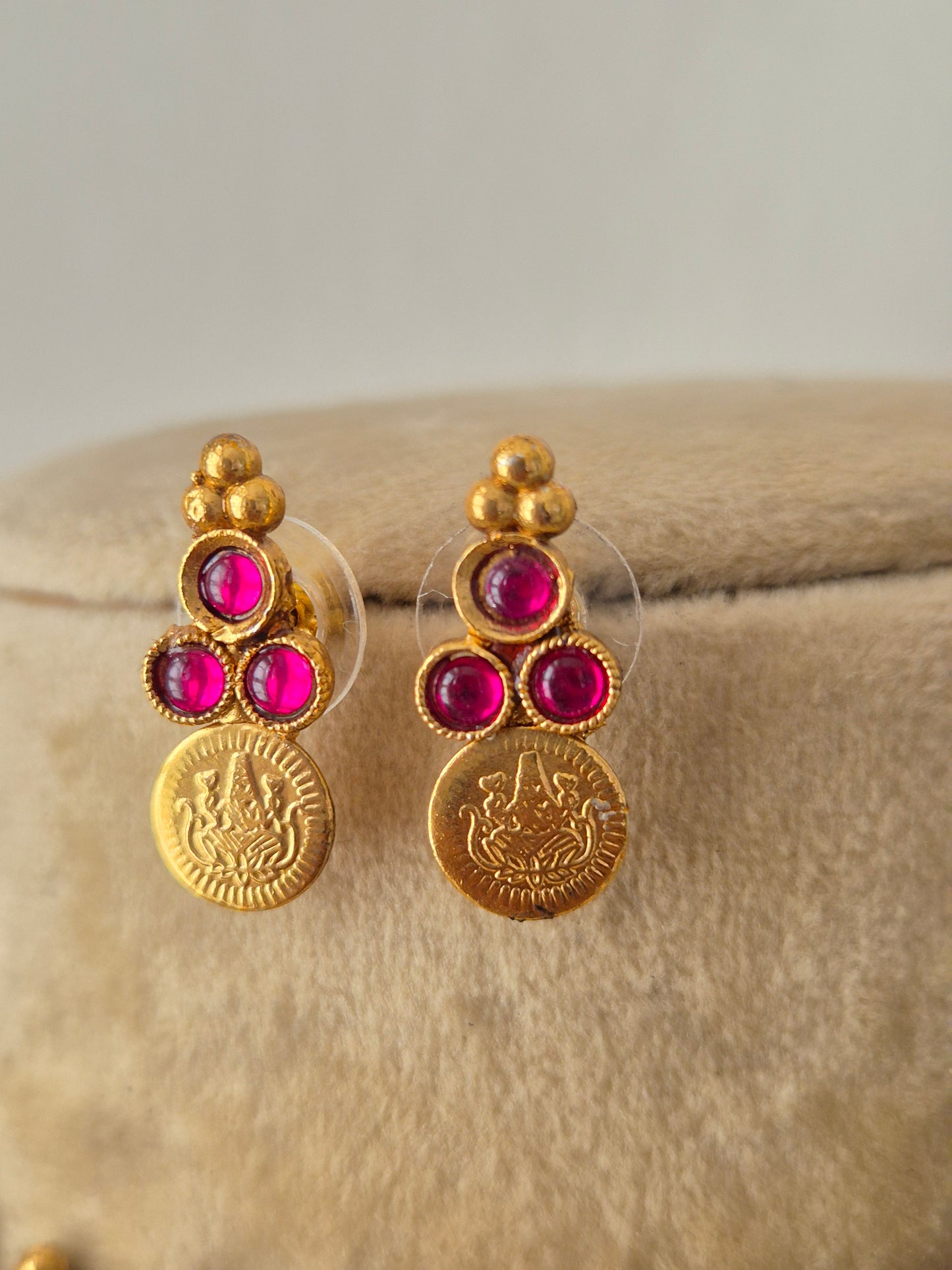 Gold-plated traditional coin earring with red bead stones and matching earrings by naitri.in
