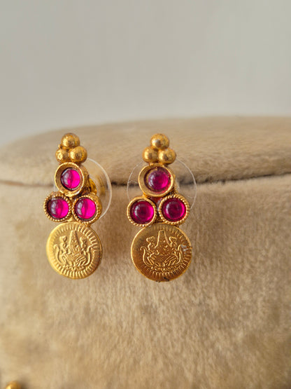 Gold-plated traditional coin earring with red bead stones and matching earrings by naitri.in