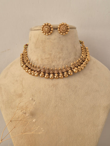 Tanya Necklace Set - Traditional antique gold-toned brass alloy temple jewelry choker and earrings by Naitri.