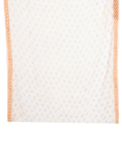 Blue and white hand block printed saree in premium cotton with a gold-toned border and matching blouse piece.