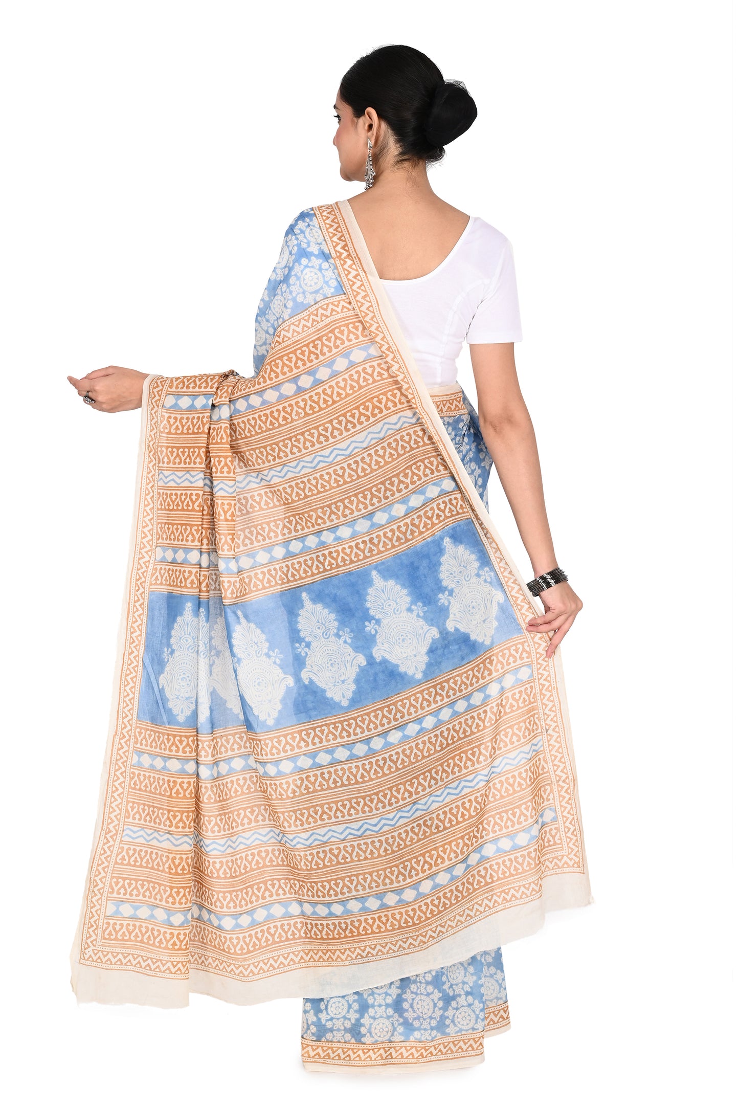 Naitri Tapti Saree: A soft, lightweight cotton saree in white and blue with unique hand-blocked geometric motifs for everyday elegance by naitri.in