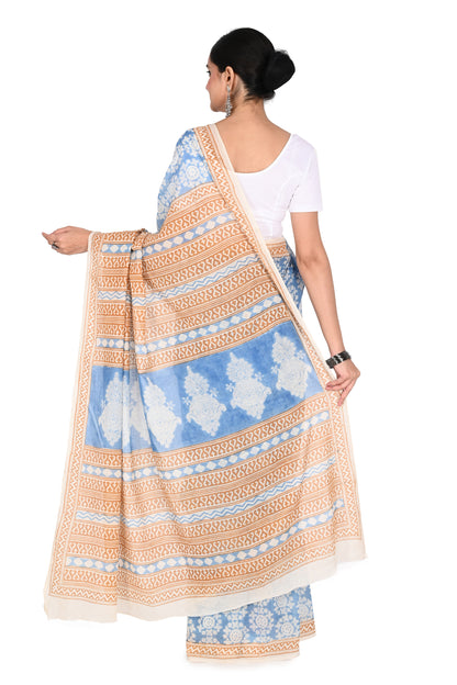 Naitri Tapti Saree: A soft, lightweight cotton saree in white and blue with unique hand-blocked geometric motifs for everyday elegance by naitri.in