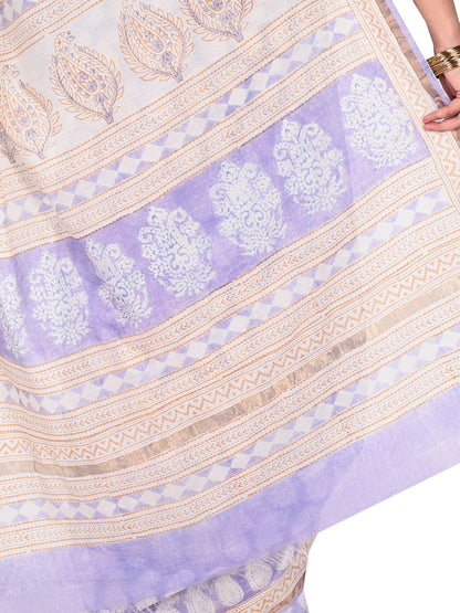 Close-up view of the soft sheen and fluid drape of a handcrafted lavender and beige Maheshwari cotton silk saree by naitri.in