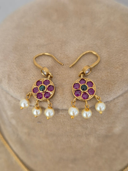 Gold-polished minimalist earrings with colorful stone accents, hanging pearl clusters by naitri.in