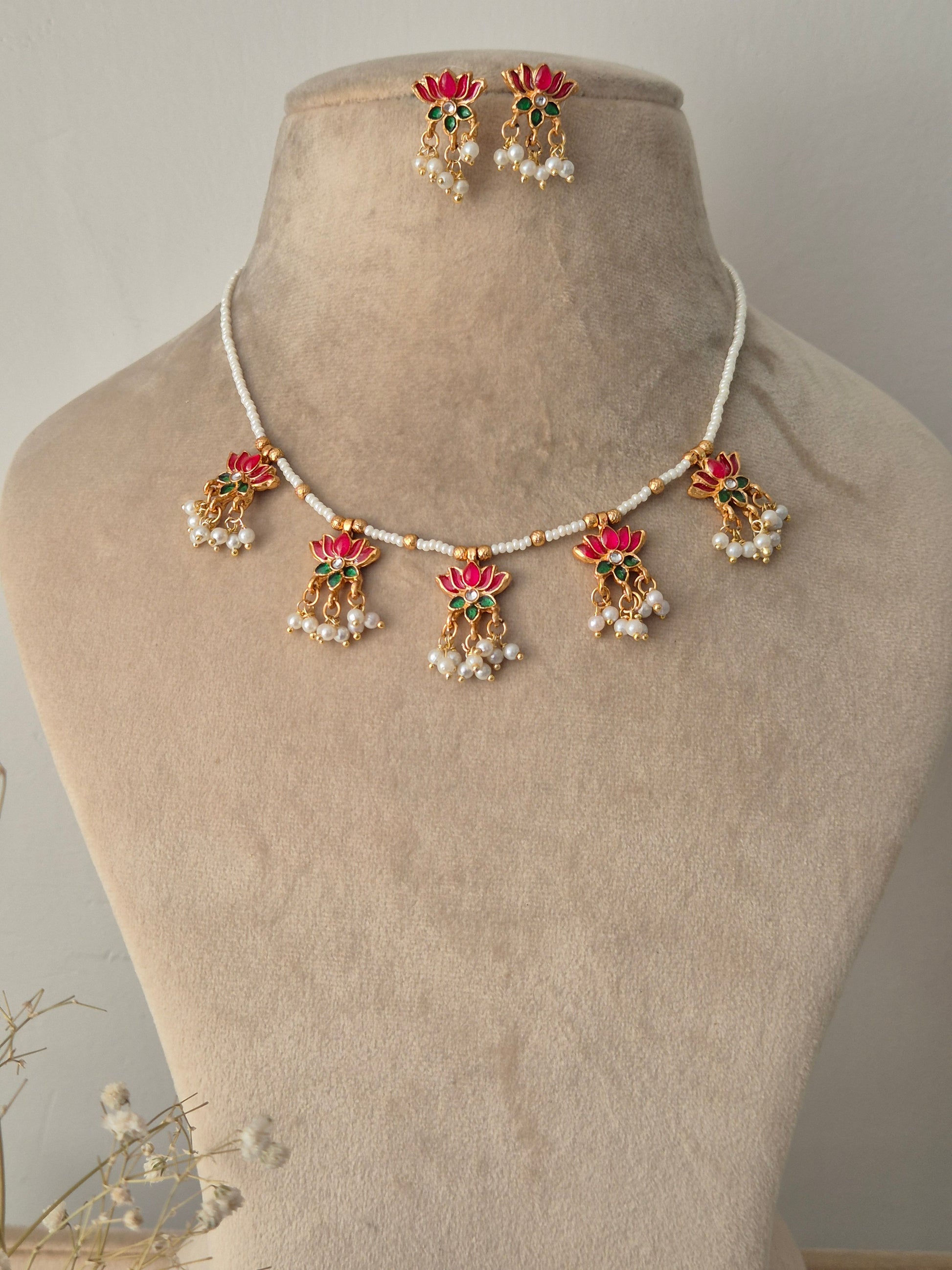 necklace and earrings, Gold and pink lotus and green leaves jewelry set with beaded chain by naitri.in