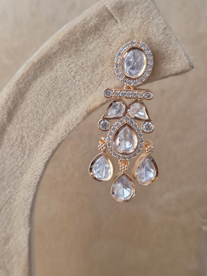 Rose-gold plated American Diamond earring set with teardrop stone accents by naitri.in
