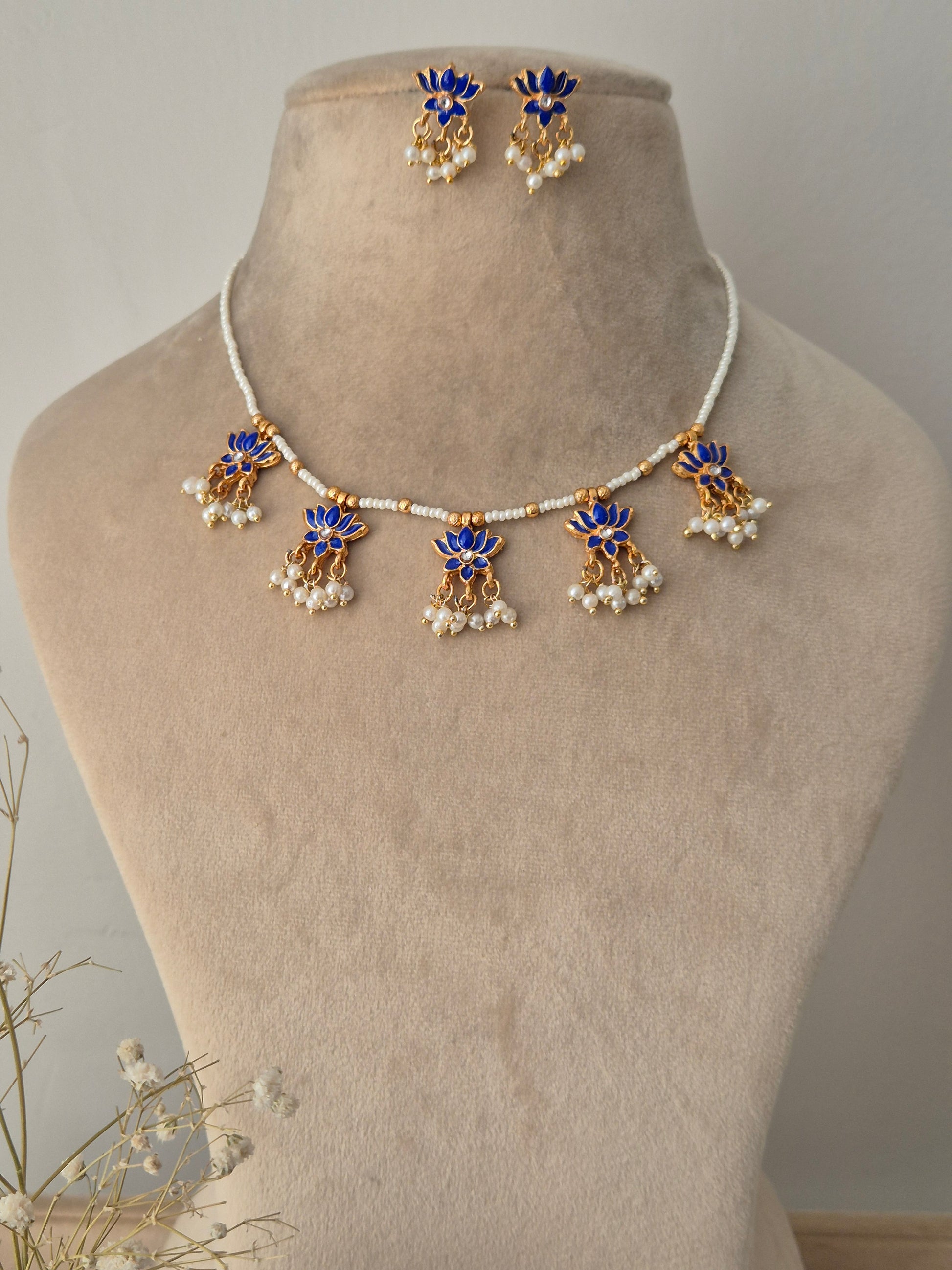 necklace and earrings, Gold and blue lotus jewelry set with beaded chain by naitri.in