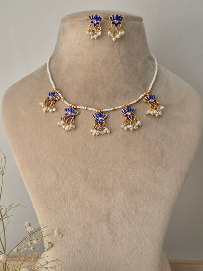 necklace and earrings, Gold and blue lotus jewelry set with beaded chain by naitri.in