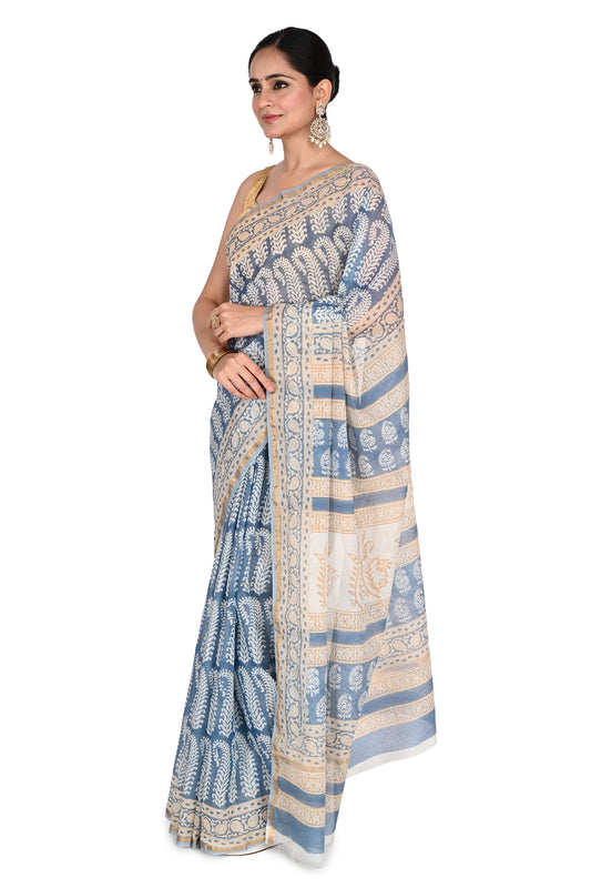 Classic drape of a blue and white cotton silk saree with artisanal Bagh prints, ideal for occasion or casual wear by naitri.in