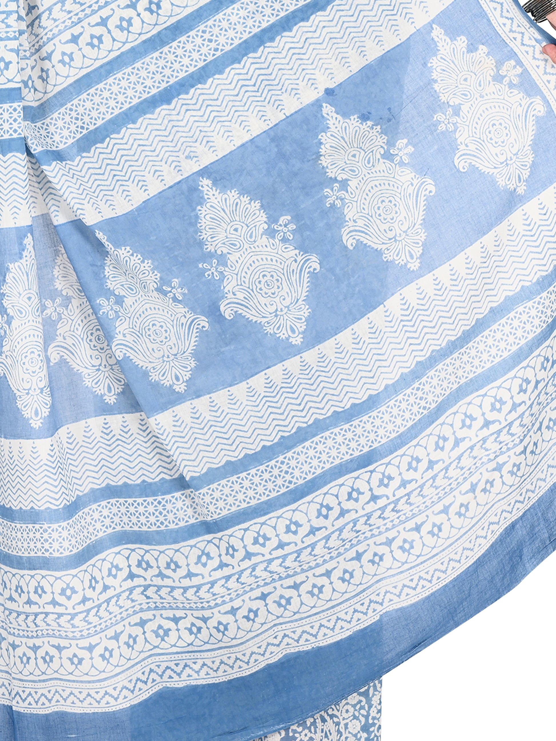 Breathable white cotton saree with authentic blue Bagh block print patterns, suitable for casual and everyday ethnic wear by naitri.in