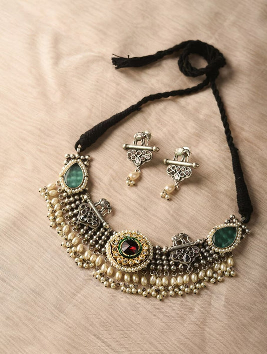 Black and silver choker necklace set, Luxe by Naitri, intricate pattern.