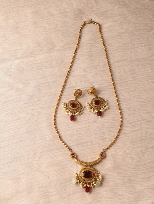 Gold dangle pendant necklace set, Khushi by Naitri, ethnic design.