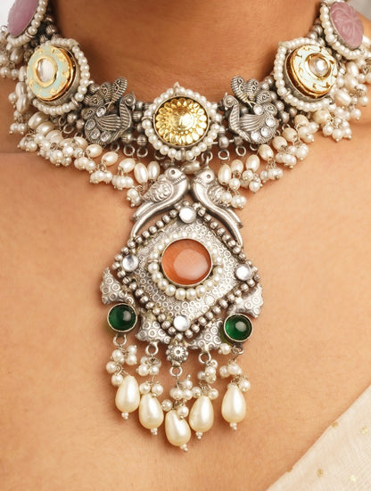 Multicolor and silver choker necklace set with earrings, Shrivalli by Naitri.