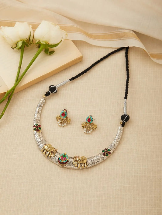 Dual-tone silver and gold hasli necklace, Meeta by Naitri, handcrafted statement.