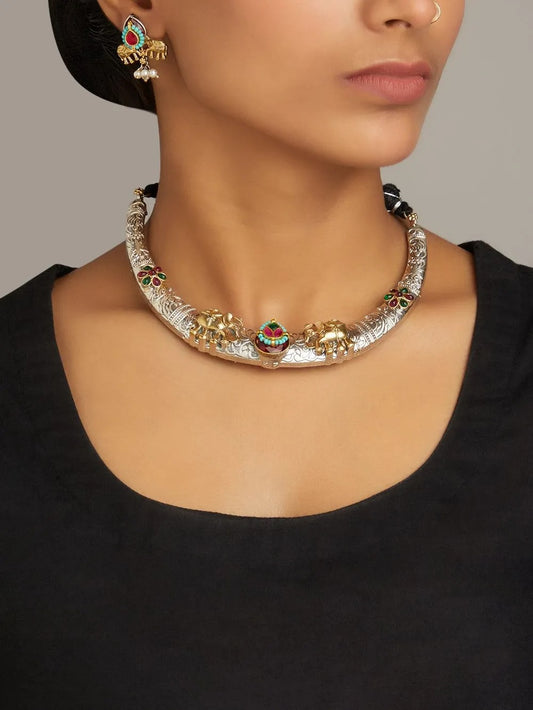 Dual-tone silver and gold hasli necklace, Meeta by Naitri, handcrafted statement.