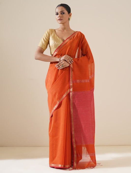 Red & Orange Maheshwari Saree with Blouse Piece by Naitri - Saree