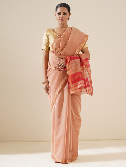 Peach & Red Maheshwari Saree